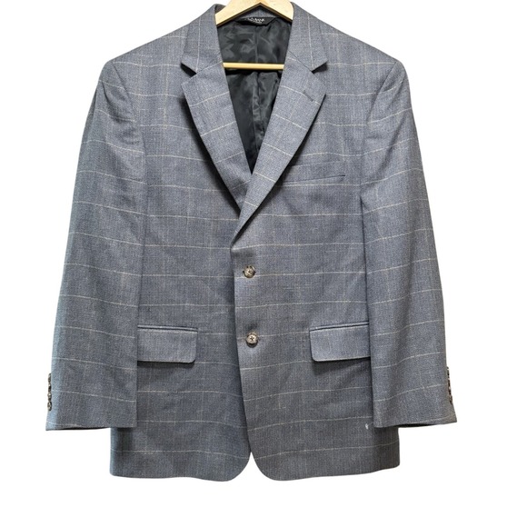 JOS A BANK Gray Blue Wool Silk Linen Plaid Wool Sport Coat Blazer Sz 42S